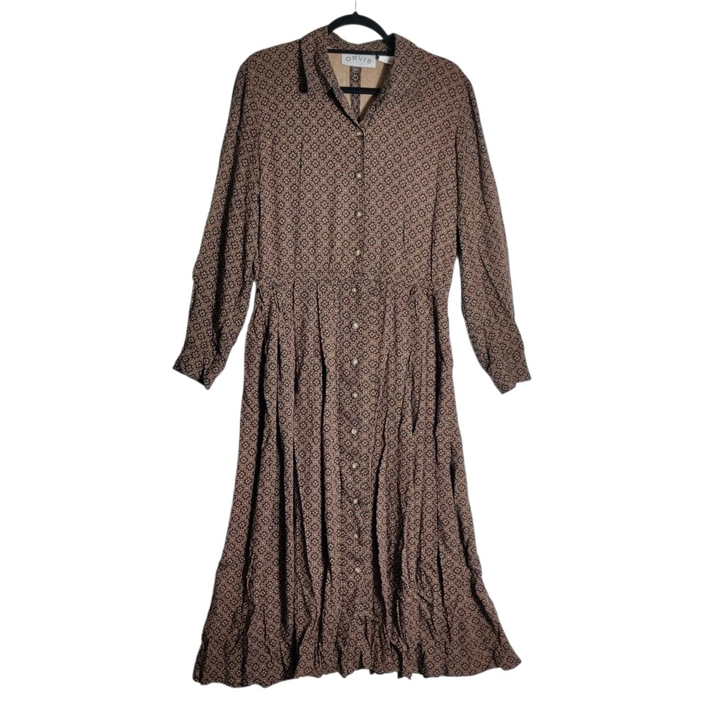 Orvis‎ Sporting Traditions Brown Geometric Rayon Button Front Maxi Dress Size 14